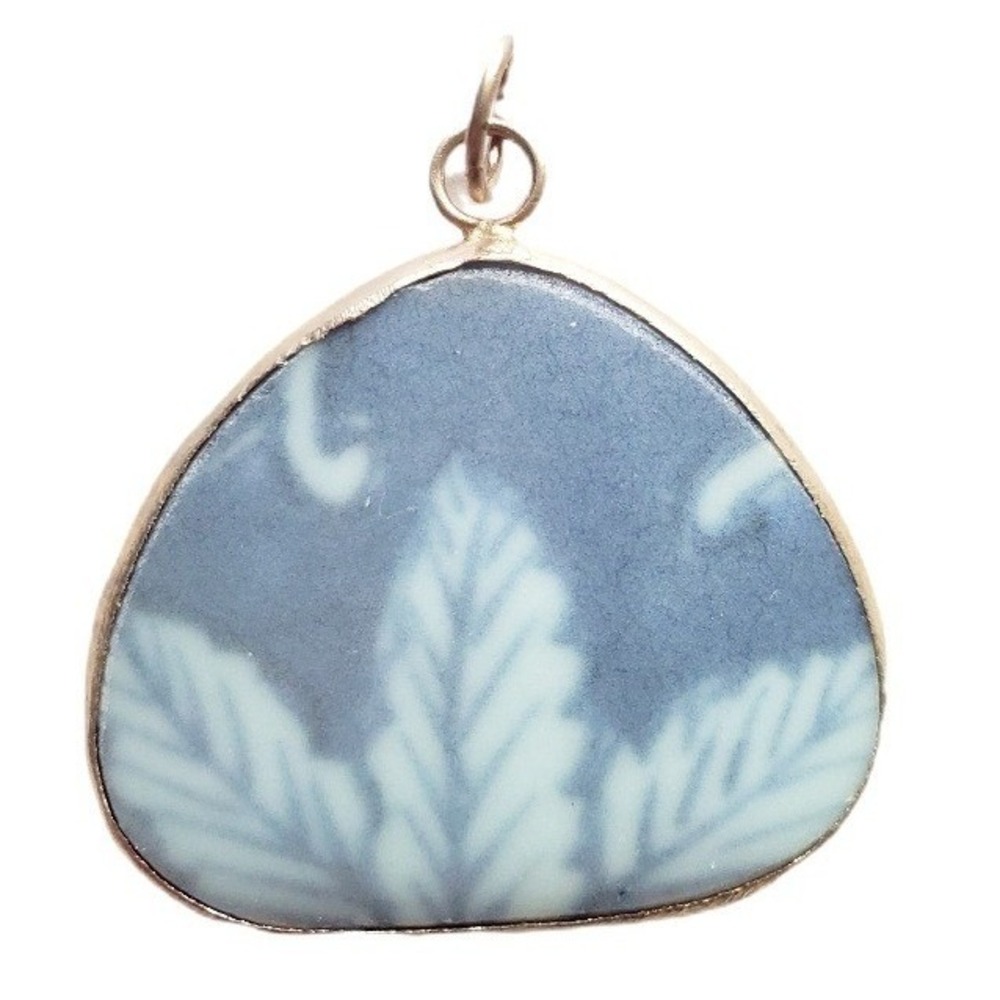 Blue &‎ White Pottery Shard Pendant Leaf Pattern Ceramic Upcycled China Jewelry